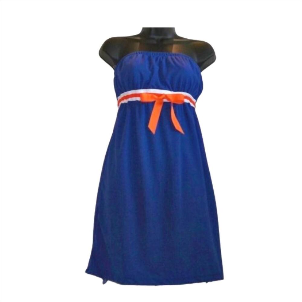 NEW GLITTER GEAR solid strapless dress in blue, orange & white